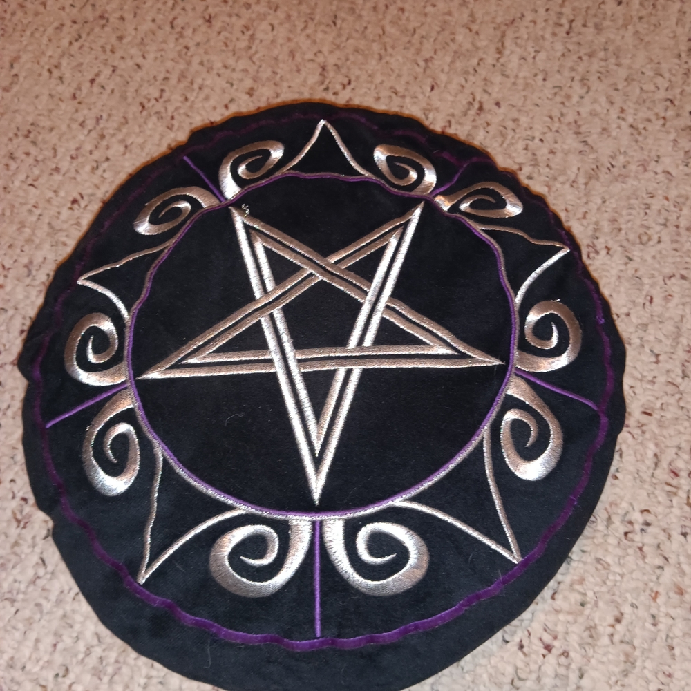 Black and Silver Embroidered Pentagram Cushion